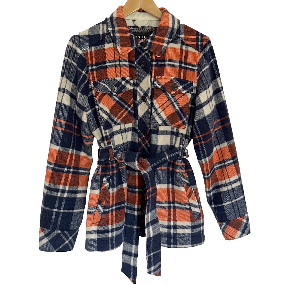 Wool Blend Check Belted Plaid Overshirt